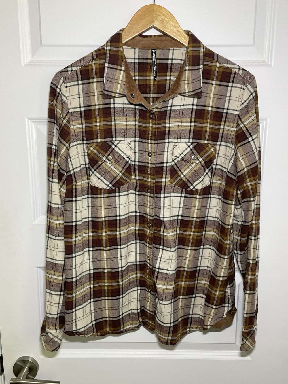 Kuhl Tess Flannel Womens L Brown Plaid Corduroy Long Sleeve Snap Outdoor Camping